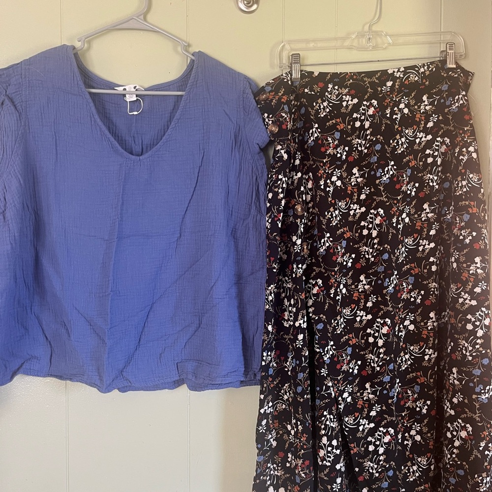 Floral Black Skirt With Blue Shirt